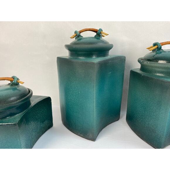 KEN JENSEN Full Set 4 Painted Covered Raku Jars, Beach Scenes, Signed - Picture 13 of 16